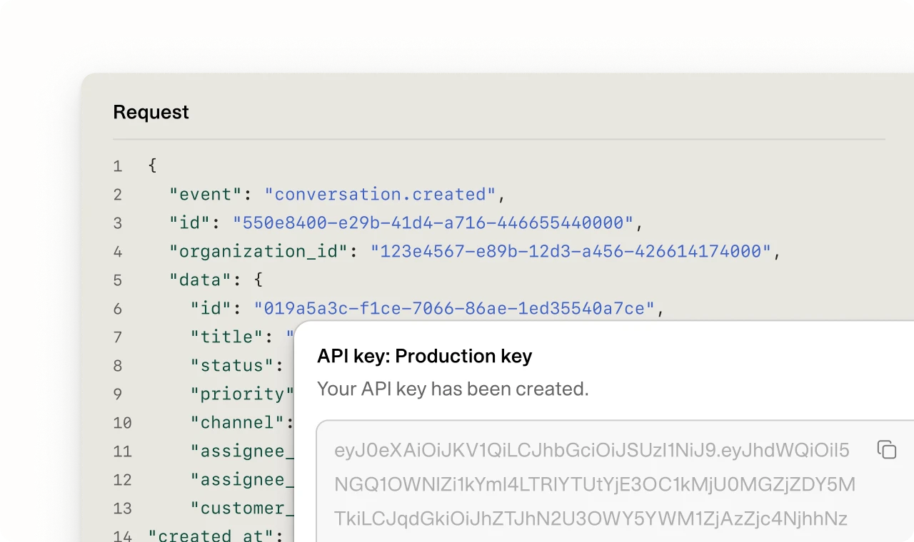 Webhook request payload and a freshly created API key