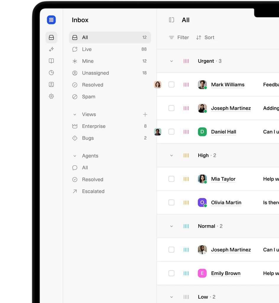 The Storbell inbox with conversations grouped by priority